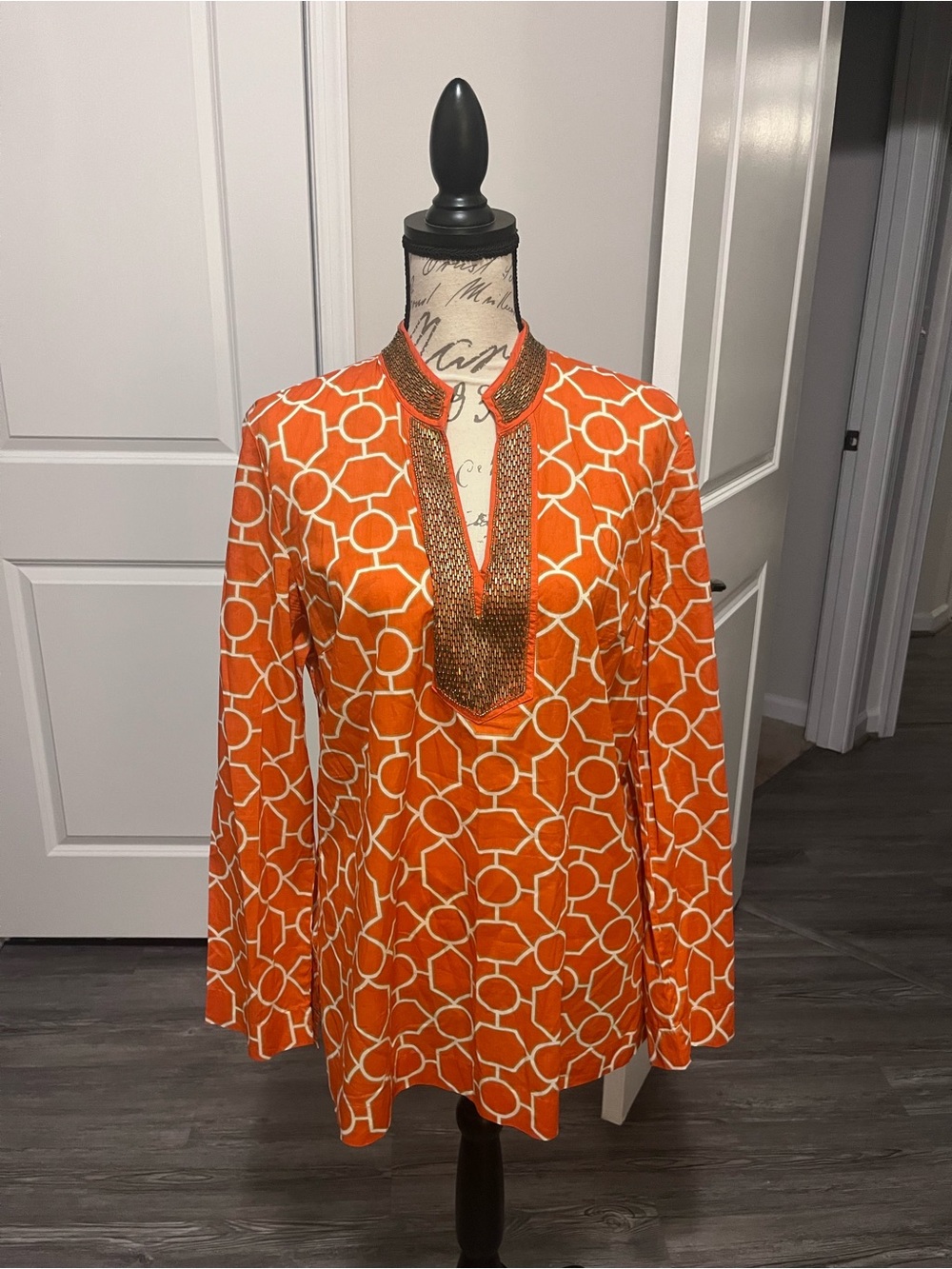 Charter Club Orange and White Geometric Tunic with Metallic Trim